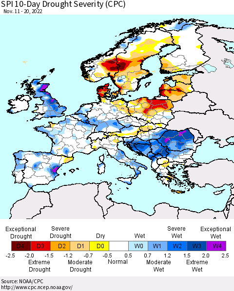 Europe SPI 10-Day Drought Severity (CPC) Thematic Map For 11/11/2022 - 11/20/2022