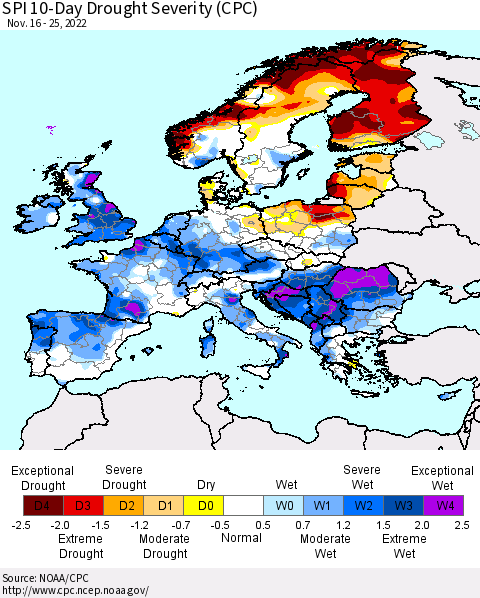 Europe SPI 10-Day Drought Severity (CPC) Thematic Map For 11/16/2022 - 11/25/2022