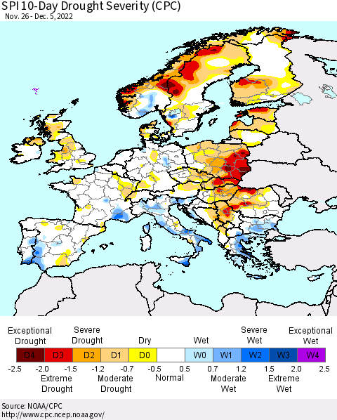 Europe SPI 10-Day Drought Severity (CPC) Thematic Map For 11/26/2022 - 12/5/2022