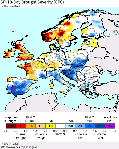 Europe SPI 10-Day Drought Severity (CPC) Thematic Map For 12/1/2022 - 12/10/2022