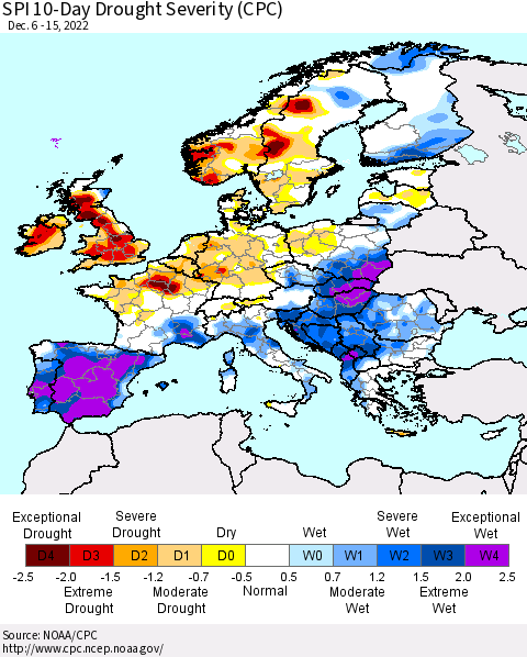 Europe SPI 10-Day Drought Severity (CPC) Thematic Map For 12/6/2022 - 12/15/2022