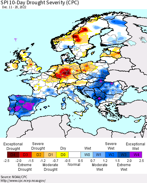 Europe SPI 10-Day Drought Severity (CPC) Thematic Map For 12/11/2022 - 12/20/2022