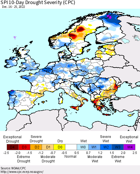 Europe SPI 10-Day Drought Severity (CPC) Thematic Map For 12/16/2022 - 12/25/2022