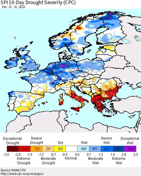 Europe SPI 10-Day Drought Severity (CPC) Thematic Map For 12/21/2022 - 12/31/2022