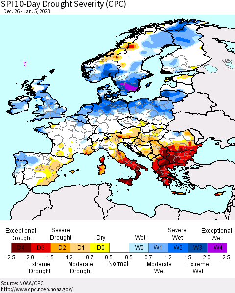 Europe SPI 10-Day Drought Severity (CPC) Thematic Map For 12/26/2022 - 1/5/2023
