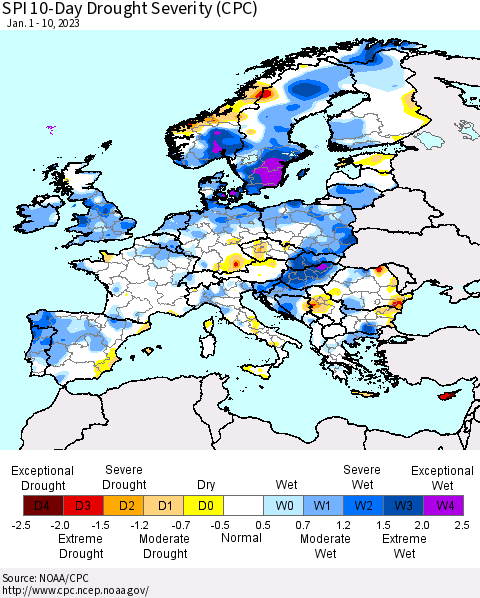 Europe SPI 10-Day Drought Severity (CPC) Thematic Map For 1/1/2023 - 1/10/2023