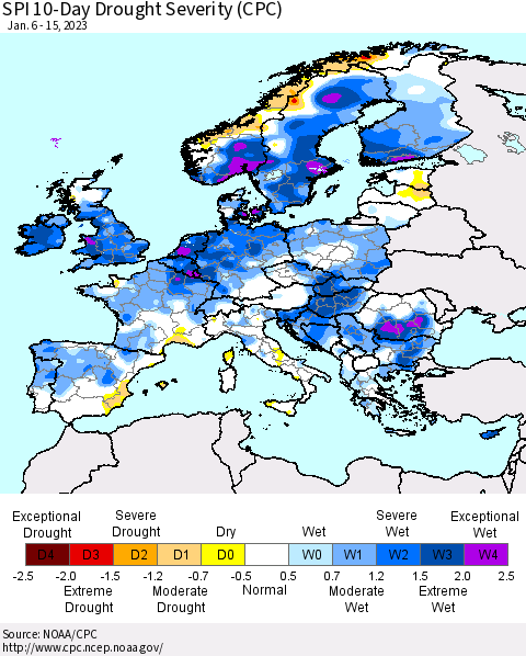 Europe SPI 10-Day Drought Severity (CPC) Thematic Map For 1/6/2023 - 1/15/2023