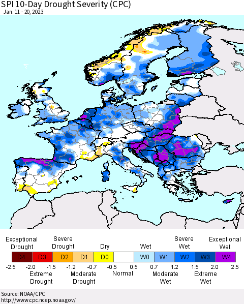 Europe SPI 10-Day Drought Severity (CPC) Thematic Map For 1/11/2023 - 1/20/2023