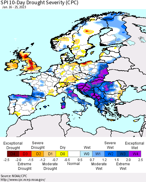 Europe SPI 10-Day Drought Severity (CPC) Thematic Map For 1/16/2023 - 1/25/2023