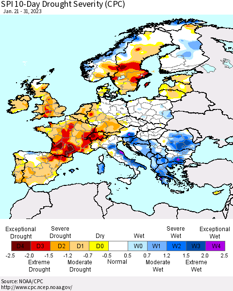 Europe SPI 10-Day Drought Severity (CPC) Thematic Map For 1/21/2023 - 1/31/2023
