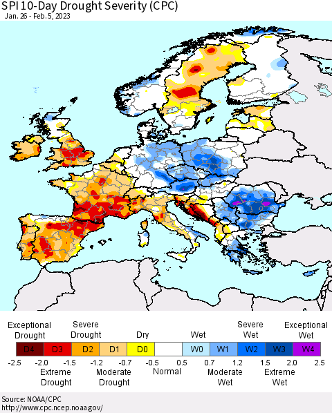 Europe SPI 10-Day Drought Severity (CPC) Thematic Map For 1/26/2023 - 2/5/2023