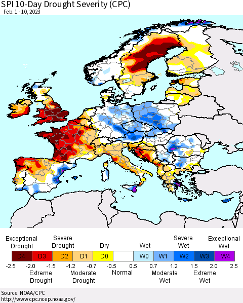 Europe SPI 10-Day Drought Severity (CPC) Thematic Map For 2/1/2023 - 2/10/2023