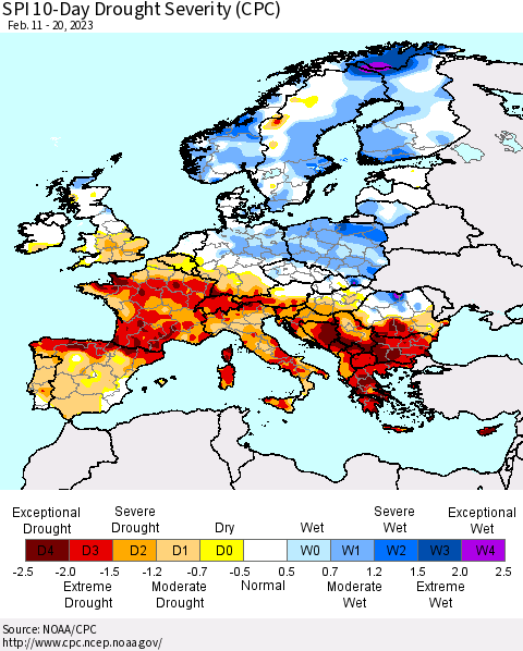 Europe SPI 10-Day Drought Severity (CPC) Thematic Map For 2/11/2023 - 2/20/2023