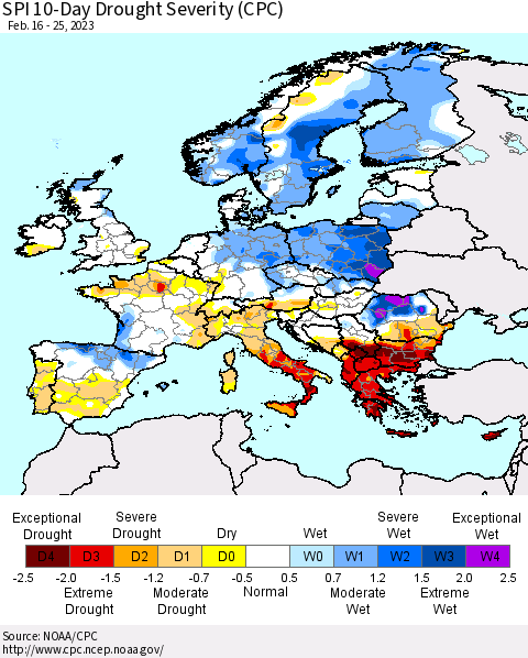 Europe SPI 10-Day Drought Severity (CPC) Thematic Map For 2/16/2023 - 2/25/2023