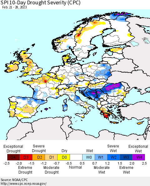 Europe SPI 10-Day Drought Severity (CPC) Thematic Map For 2/21/2023 - 2/28/2023