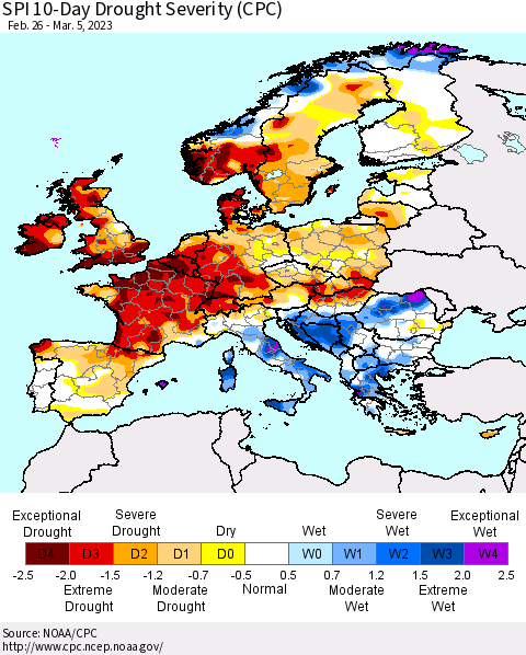 Europe SPI 10-Day Drought Severity (CPC) Thematic Map For 2/26/2023 - 3/5/2023