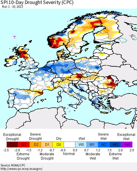 Europe SPI 10-Day Drought Severity (CPC) Thematic Map For 3/1/2023 - 3/10/2023