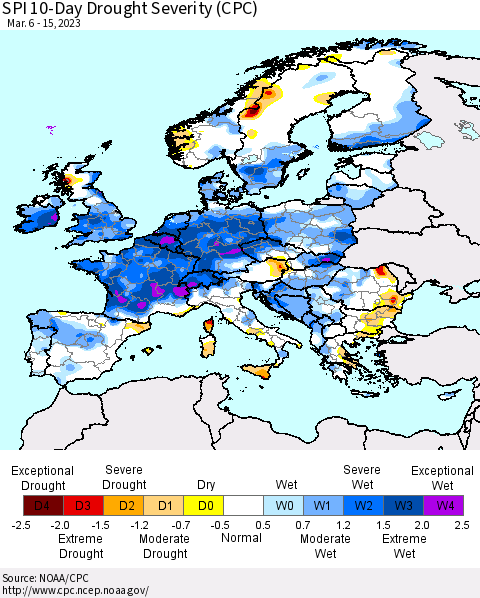 Europe SPI 10-Day Drought Severity (CPC) Thematic Map For 3/6/2023 - 3/15/2023