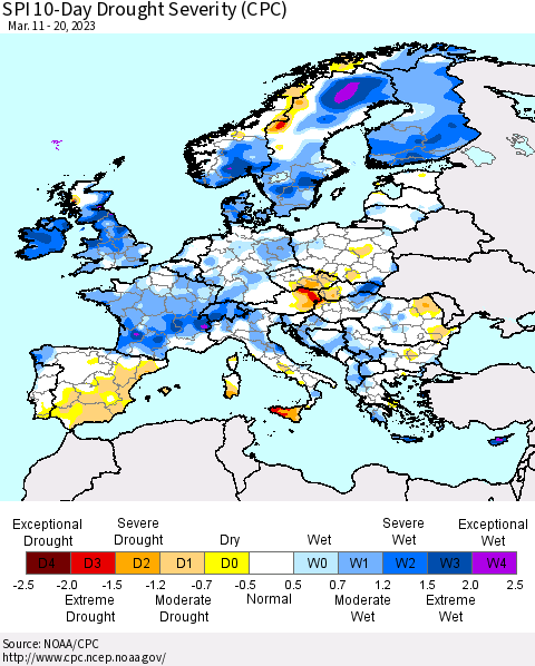 Europe SPI 10-Day Drought Severity (CPC) Thematic Map For 3/11/2023 - 3/20/2023