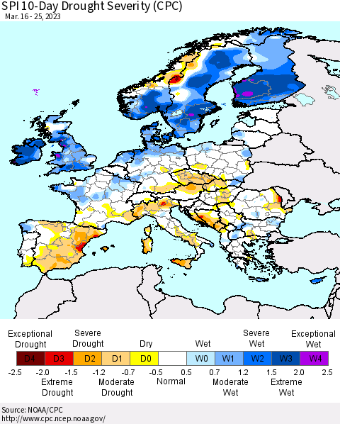 Europe SPI 10-Day Drought Severity (CPC) Thematic Map For 3/16/2023 - 3/25/2023