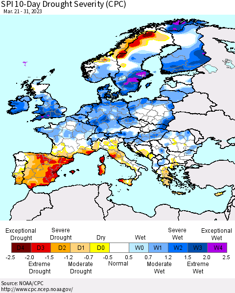 Europe SPI 10-Day Drought Severity (CPC) Thematic Map For 3/21/2023 - 3/31/2023