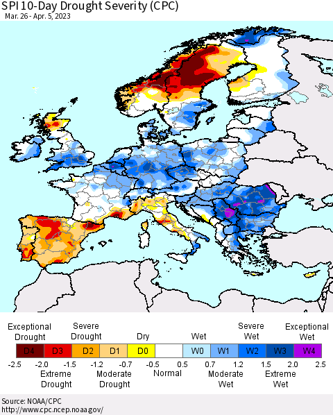 Europe SPI 10-Day Drought Severity (CPC) Thematic Map For 3/26/2023 - 4/5/2023