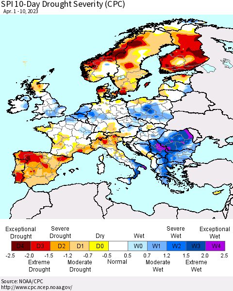 Europe SPI 10-Day Drought Severity (CPC) Thematic Map For 4/1/2023 - 4/10/2023