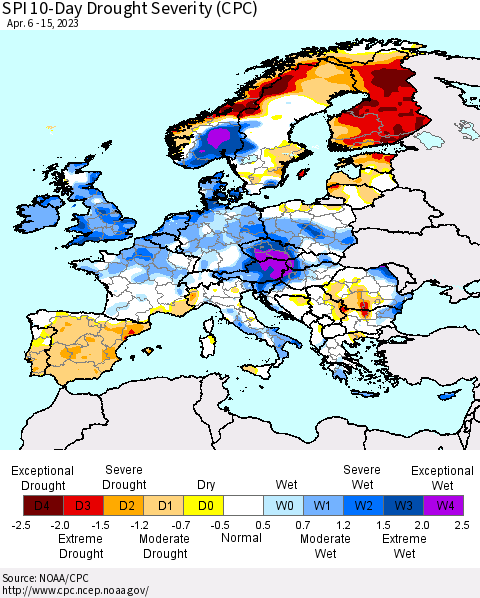 Europe SPI 10-Day Drought Severity (CPC) Thematic Map For 4/6/2023 - 4/15/2023