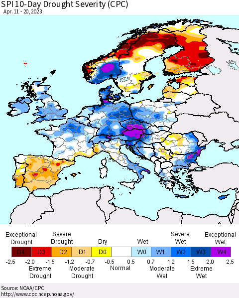 Europe SPI 10-Day Drought Severity (CPC) Thematic Map For 4/11/2023 - 4/20/2023
