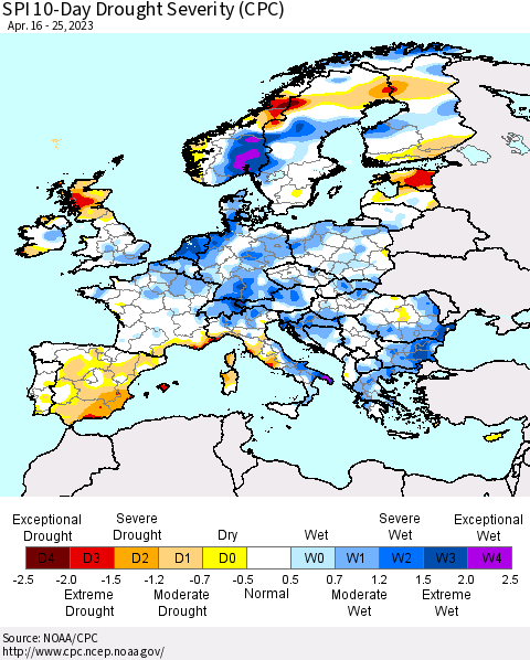 Europe SPI 10-Day Drought Severity (CPC) Thematic Map For 4/16/2023 - 4/25/2023