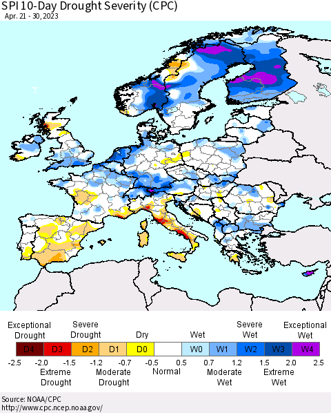Europe SPI 10-Day Drought Severity (CPC) Thematic Map For 4/21/2023 - 4/30/2023
