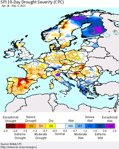 Europe SPI 10-Day Drought Severity (CPC) Thematic Map For 4/26/2023 - 5/5/2023