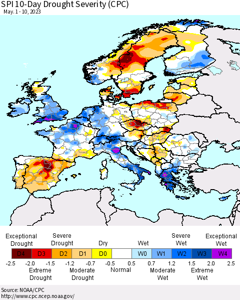 Europe SPI 10-Day Drought Severity (CPC) Thematic Map For 5/1/2023 - 5/10/2023
