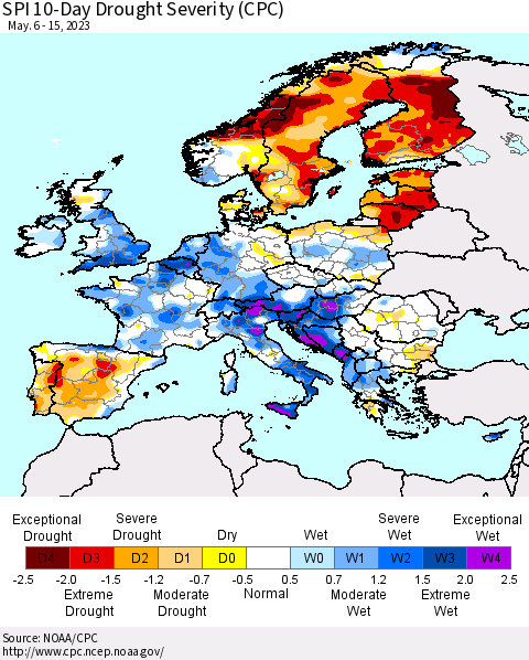Europe SPI 10-Day Drought Severity (CPC) Thematic Map For 5/6/2023 - 5/15/2023