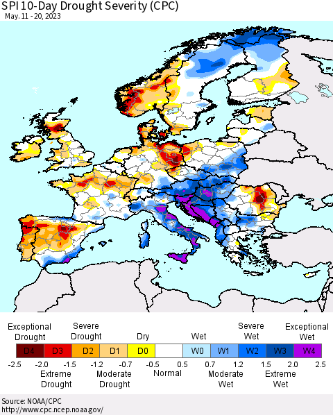 Europe SPI 10-Day Drought Severity (CPC) Thematic Map For 5/11/2023 - 5/20/2023