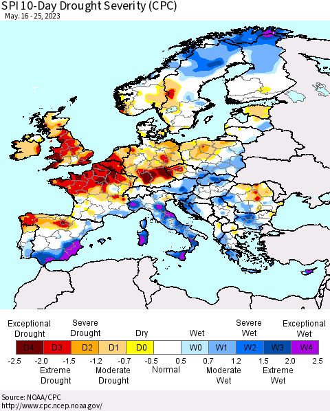 Europe SPI 10-Day Drought Severity (CPC) Thematic Map For 5/16/2023 - 5/25/2023