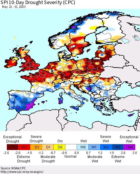 Europe SPI 10-Day Drought Severity (CPC) Thematic Map For 5/21/2023 - 5/31/2023