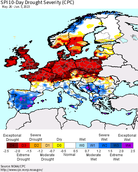 Europe SPI 10-Day Drought Severity (CPC) Thematic Map For 5/26/2023 - 6/5/2023