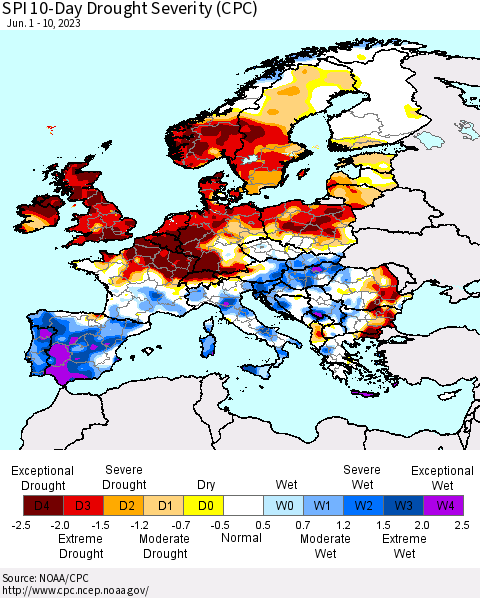 Europe SPI 10-Day Drought Severity (CPC) Thematic Map For 6/1/2023 - 6/10/2023