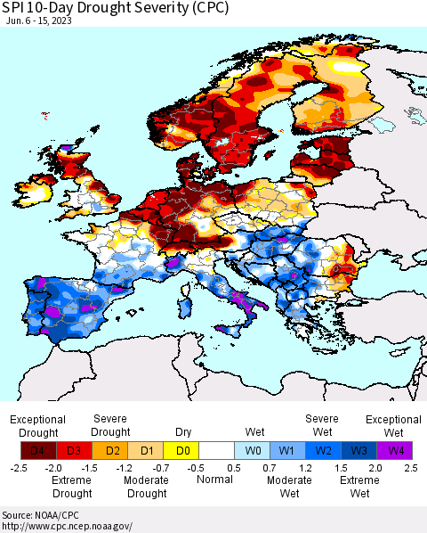 Europe SPI 10-Day Drought Severity (CPC) Thematic Map For 6/6/2023 - 6/15/2023