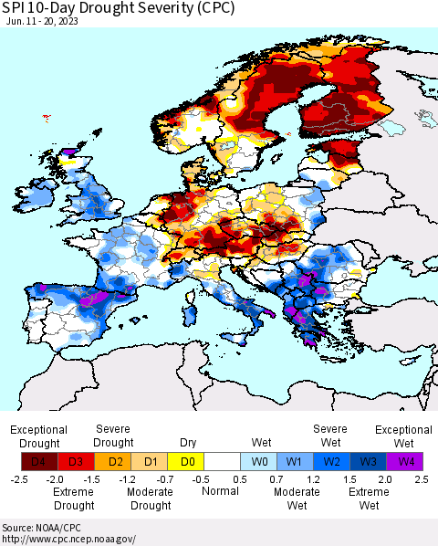 Europe SPI 10-Day Drought Severity (CPC) Thematic Map For 6/11/2023 - 6/20/2023
