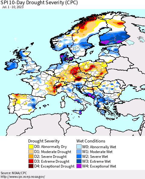 Europe SPI 10-Day Drought Severity (CPC) Thematic Map For 7/1/2023 - 7/10/2023