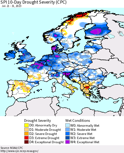 Europe SPI 10-Day Drought Severity (CPC) Thematic Map For 7/21/2023 - 7/31/2023