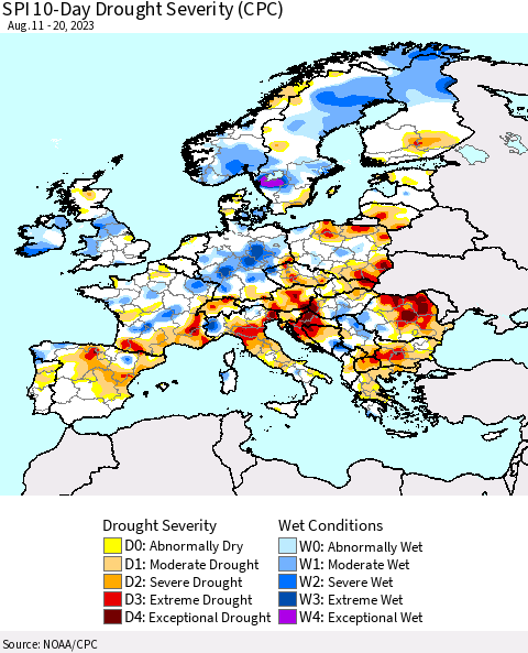 Europe SPI 10-Day Drought Severity (CPC) Thematic Map For 8/11/2023 - 8/20/2023