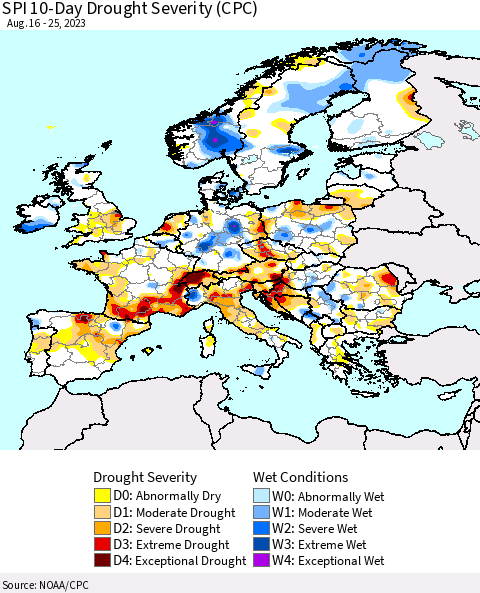 Europe SPI 10-Day Drought Severity (CPC) Thematic Map For 8/16/2023 - 8/25/2023