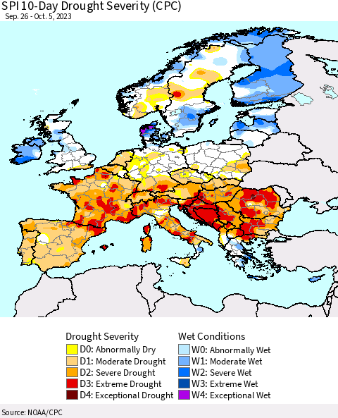 Europe SPI 10-Day Drought Severity (CPC) Thematic Map For 9/26/2023 - 10/5/2023