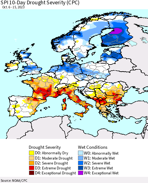 Europe SPI 10-Day Drought Severity (CPC) Thematic Map For 10/6/2023 - 10/15/2023