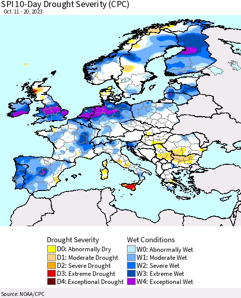 Europe SPI 10-Day Drought Severity (CPC) Thematic Map For 10/11/2023 - 10/20/2023