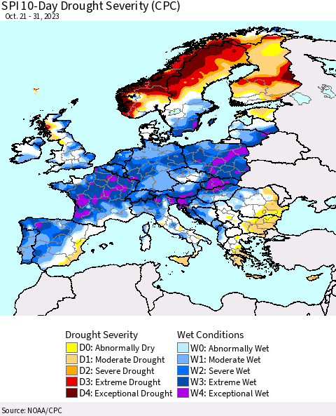 Europe SPI 10-Day Drought Severity (CPC) Thematic Map For 10/21/2023 - 10/31/2023