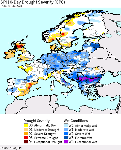 Europe SPI 10-Day Drought Severity (CPC) Thematic Map For 11/21/2023 - 11/30/2023